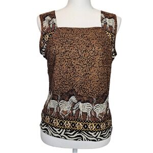 Pleat Pleat‎ Safari Zebra Crinkle Brown Vintage Animal Print Tank Top Medium
